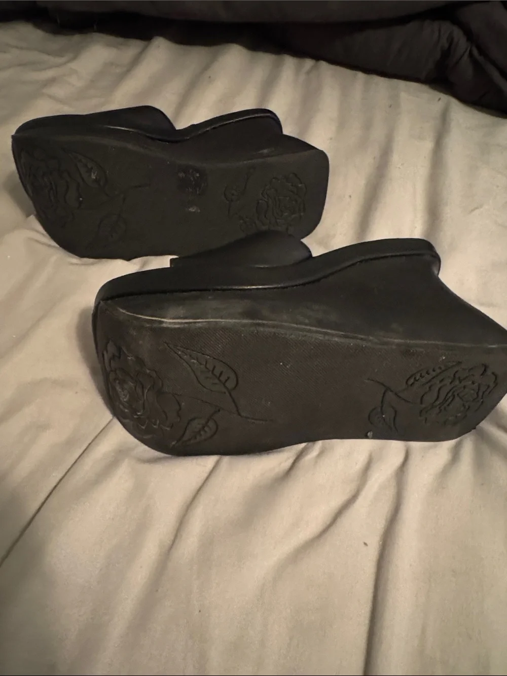 Demonia Black Platform Slide Wedges with Red Logo